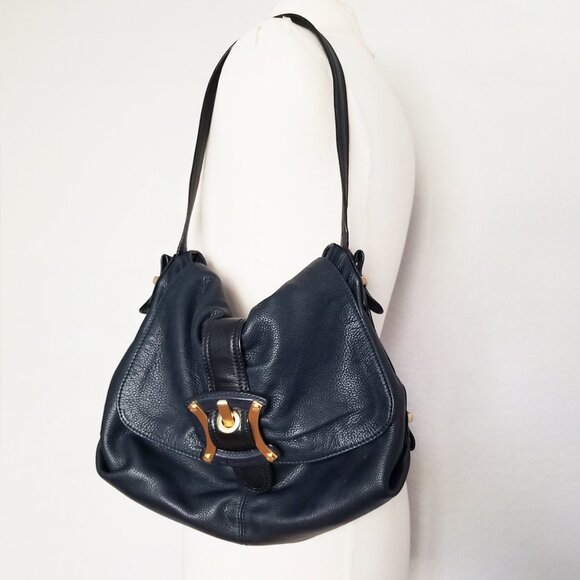 B. Makowsky Navy Blue Black Genuine Leather Shoulder Bag Gold Hardware Hobo Y2K - Picture 15 of 16
